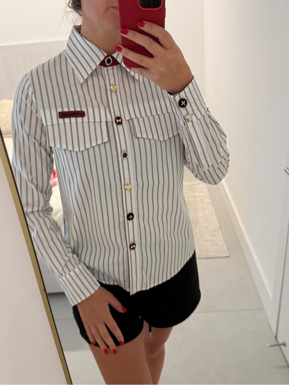 Miu Miu White Shirt with Navy Pinstripes and Red Trim